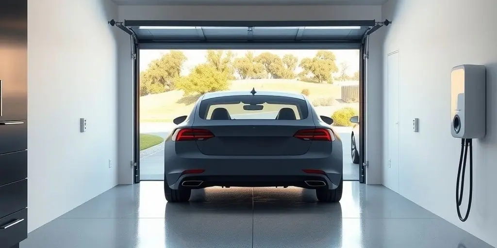 Garage with a glossy light gray floor, white walls, dark wall cabinets and a wall-mounted EV charger; a dark sedan is parked at the open door with oak trees and a lawn outside